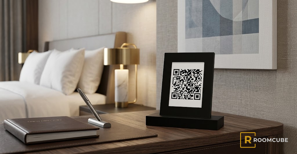 ROOMCUBE Aufsteller mit QR-Code auf dem Nachttisch im Hotelzimmer